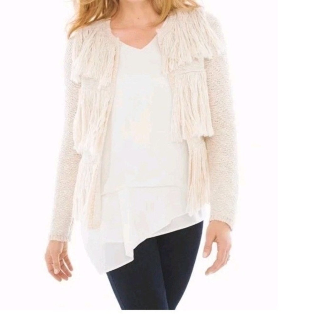Chico's‎ Kyleigh Fringe Front Cardigan Hook Neckline Cream & Gold Metallic Sz 3